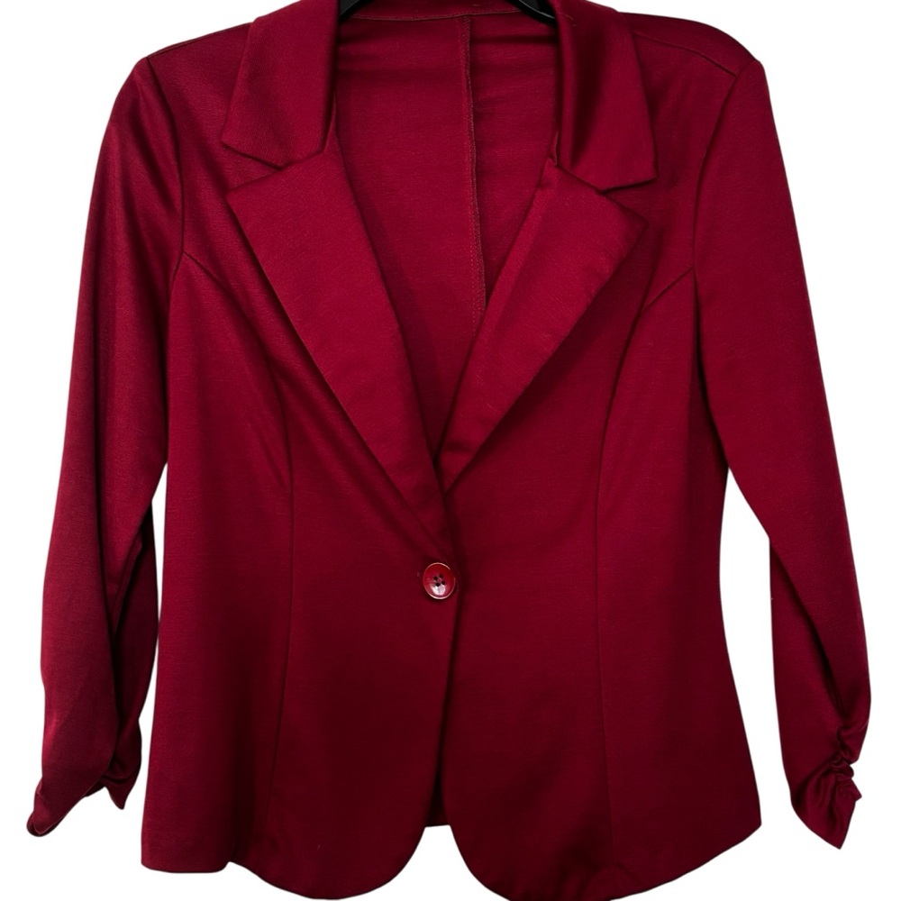 Deep Red / Burgundy Women's Blazer Stretch Fabric 3/4 Sleeves Button Front